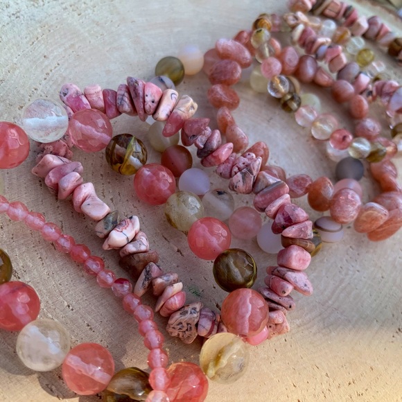 Natural Fire Cherry Quartz & Pink Rhodonite Gemstone Mixed Bead Bracelet Stack - Picture 3 of 10